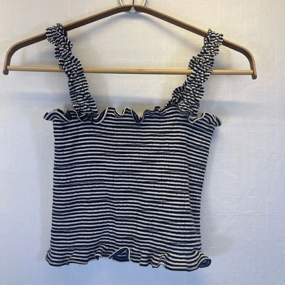 Reformation Black White Striped Ruffled Strap Smocked Cropped Tank Top Small